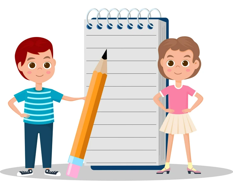 rysunek dzieci z wielkim notatnikiem